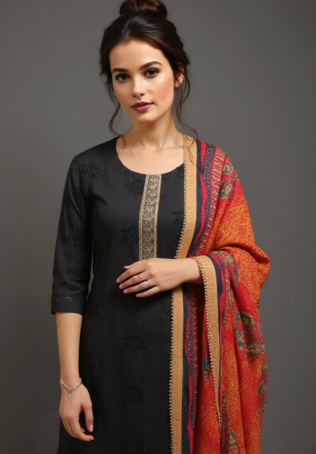 Black Embroidered Suit Set with Multicolor Dupatta