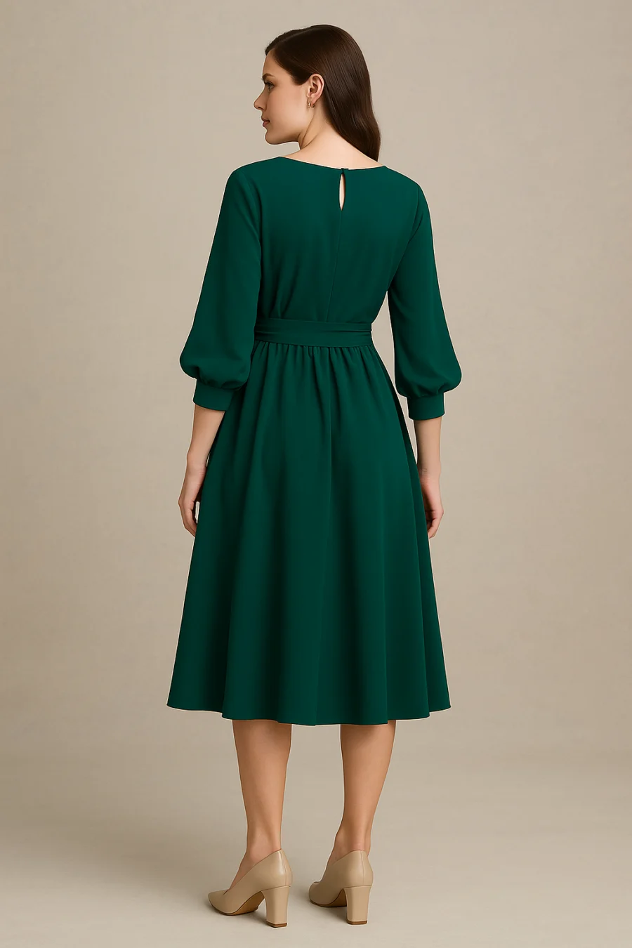 Fit and Flare Crepe Dress-Green - Image 4