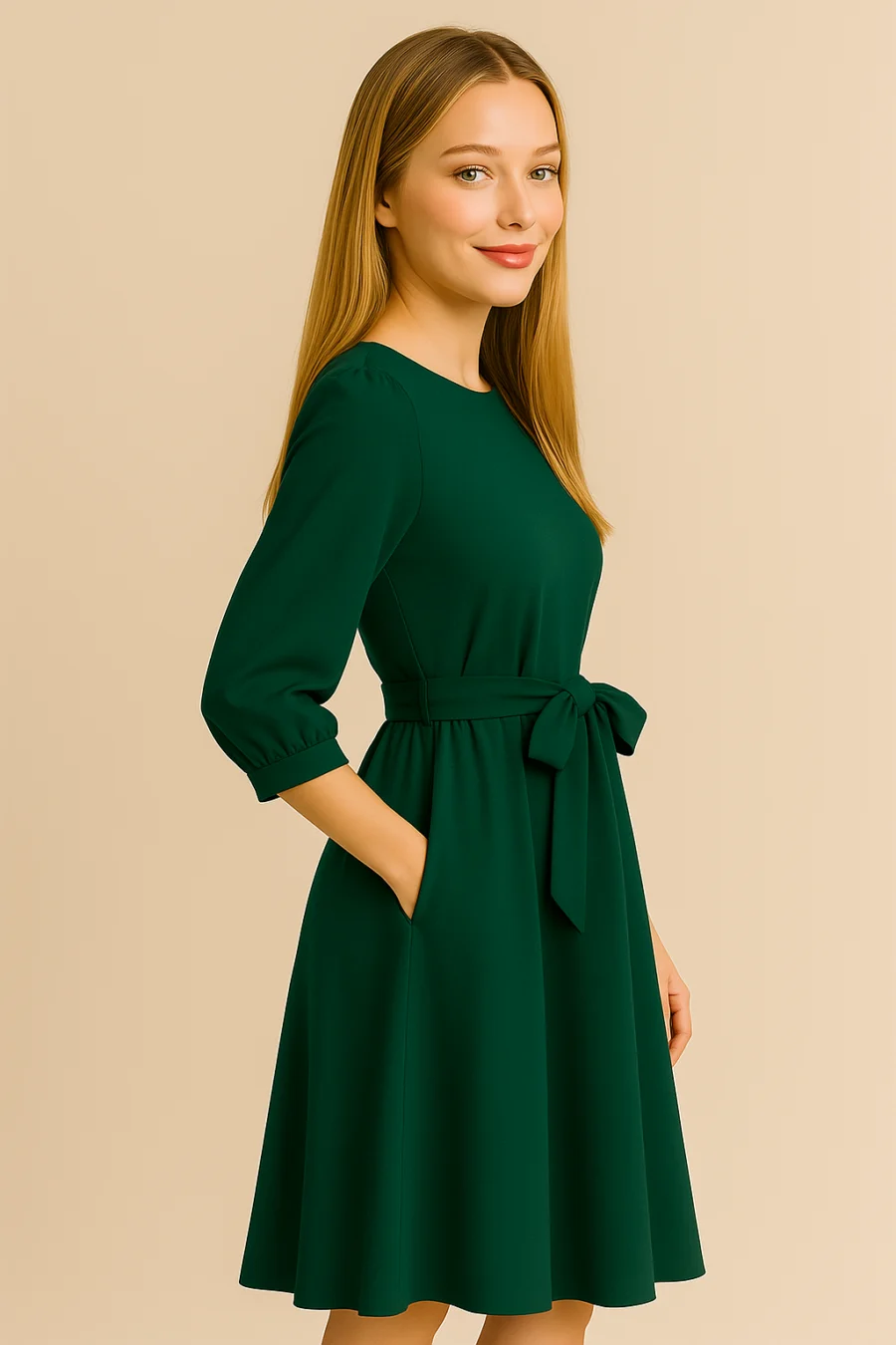 Fit and Flare Crepe Dress-Green - Image 2
