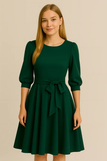 Fit and Flare Crepe Dress-Green