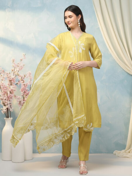 Aronita Mustard Woman Embroidered Suit Set