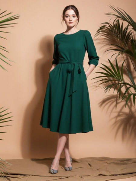 Fit and Flare Crepe Dress-Green