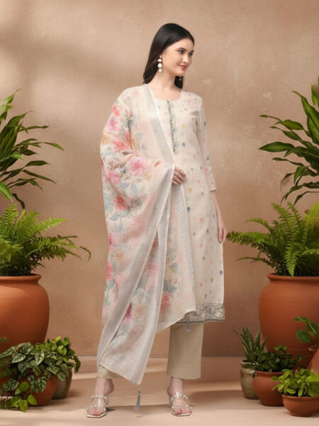 Aronita Grey & Beige Woman Embroidered Suit Set