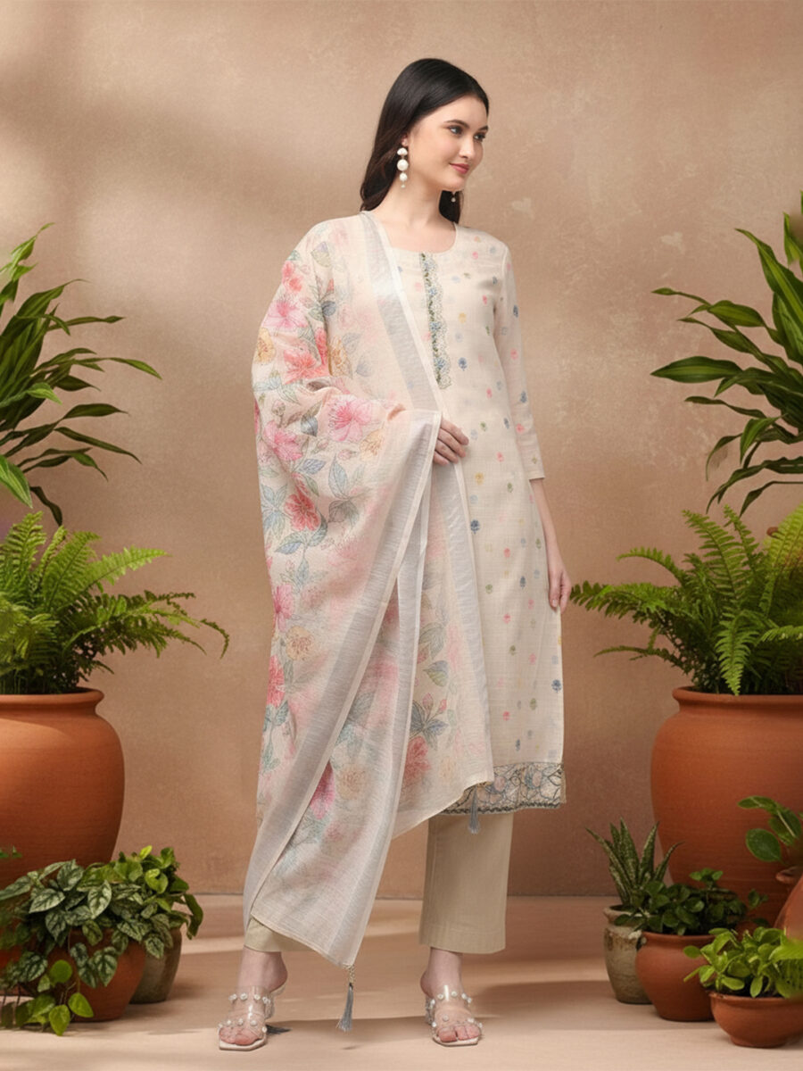 Aronita Grey & Beige Woman Embroidered Suit Set