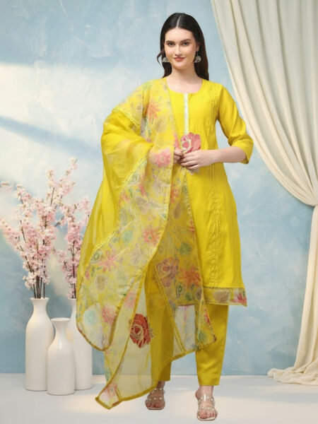 Aronita Mustard Embroidered Woman Suit Set