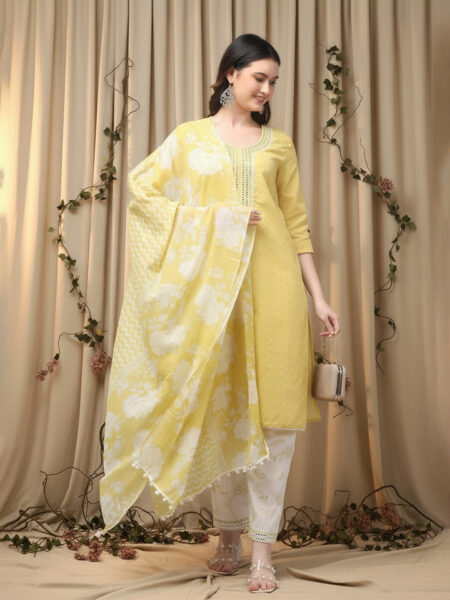 Aronita Woman Yellow Embroidered Suit Set