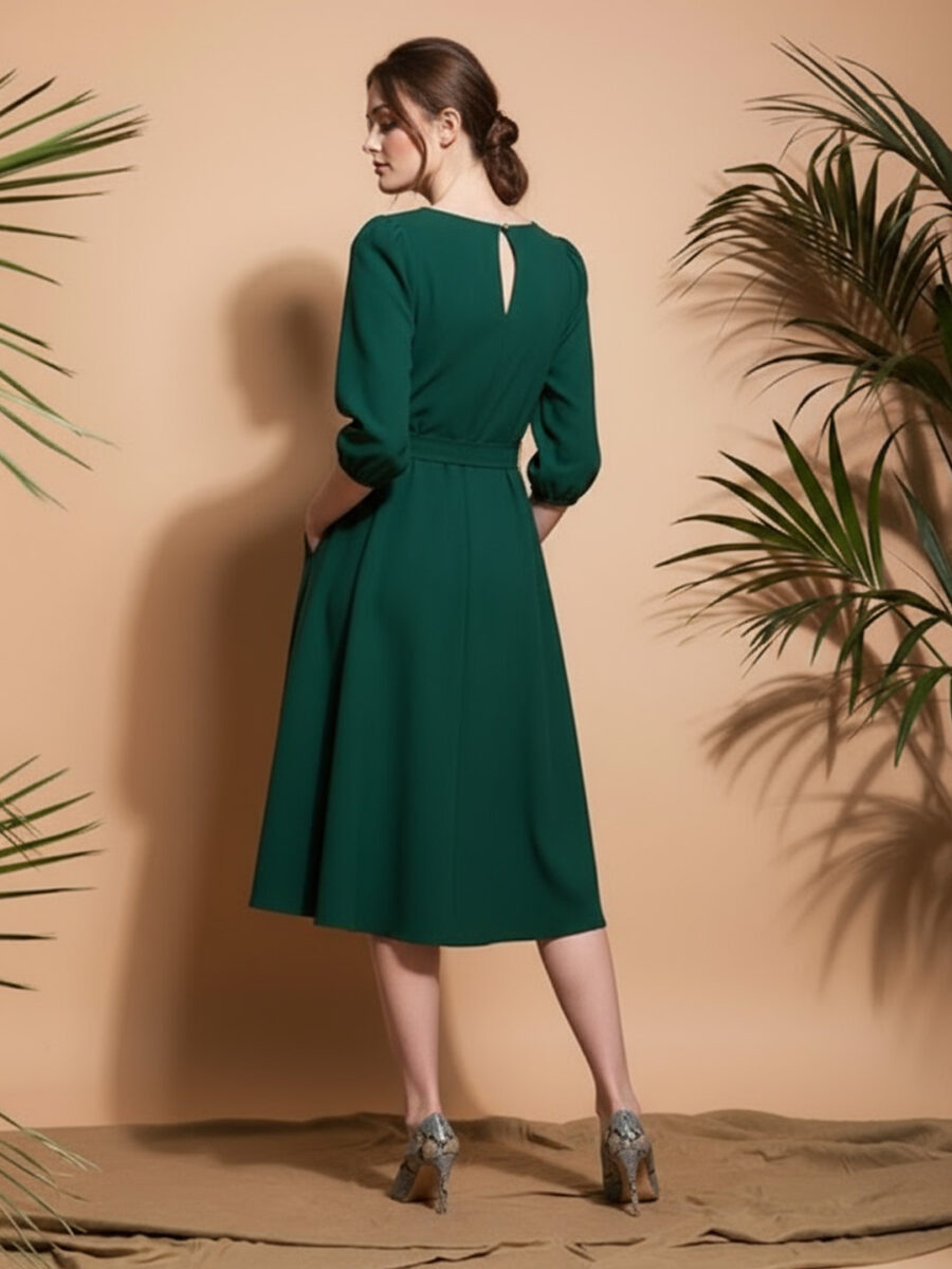 Fit and Flare Crepe Dress-Green - Image 3