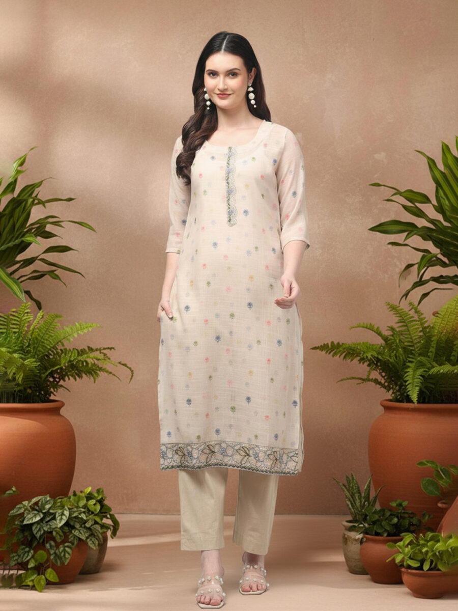 Aronita Grey & Beige Woman Embroidered Suit Set - Image 2