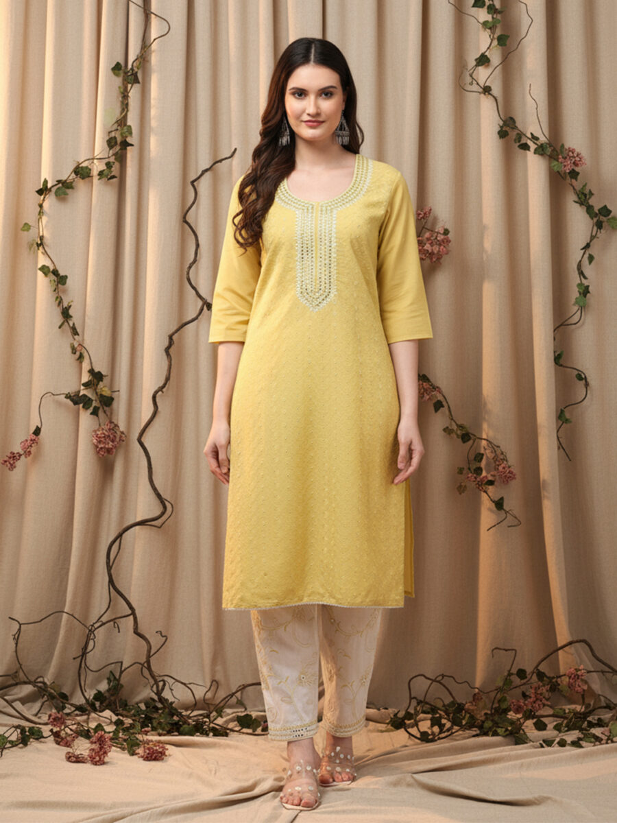 Aronita Woman Yellow Embroidered Suit Set - Image 2