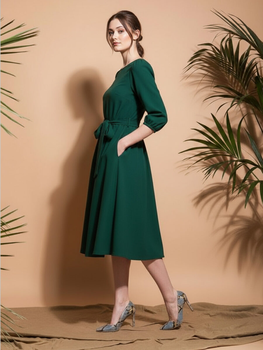 Fit and Flare Crepe Dress-Green - Image 2