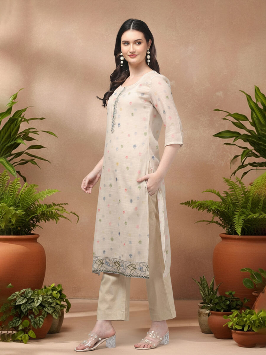 Aronita Grey & Beige Woman Embroidered Suit Set - Image 3