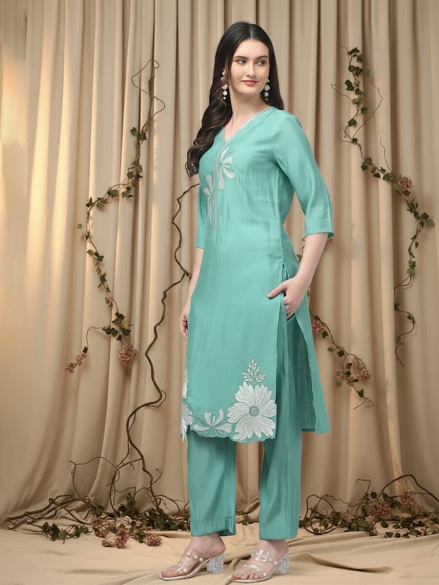 Aronita Embroidered Suit Set with Organza Dupatta - Image 3