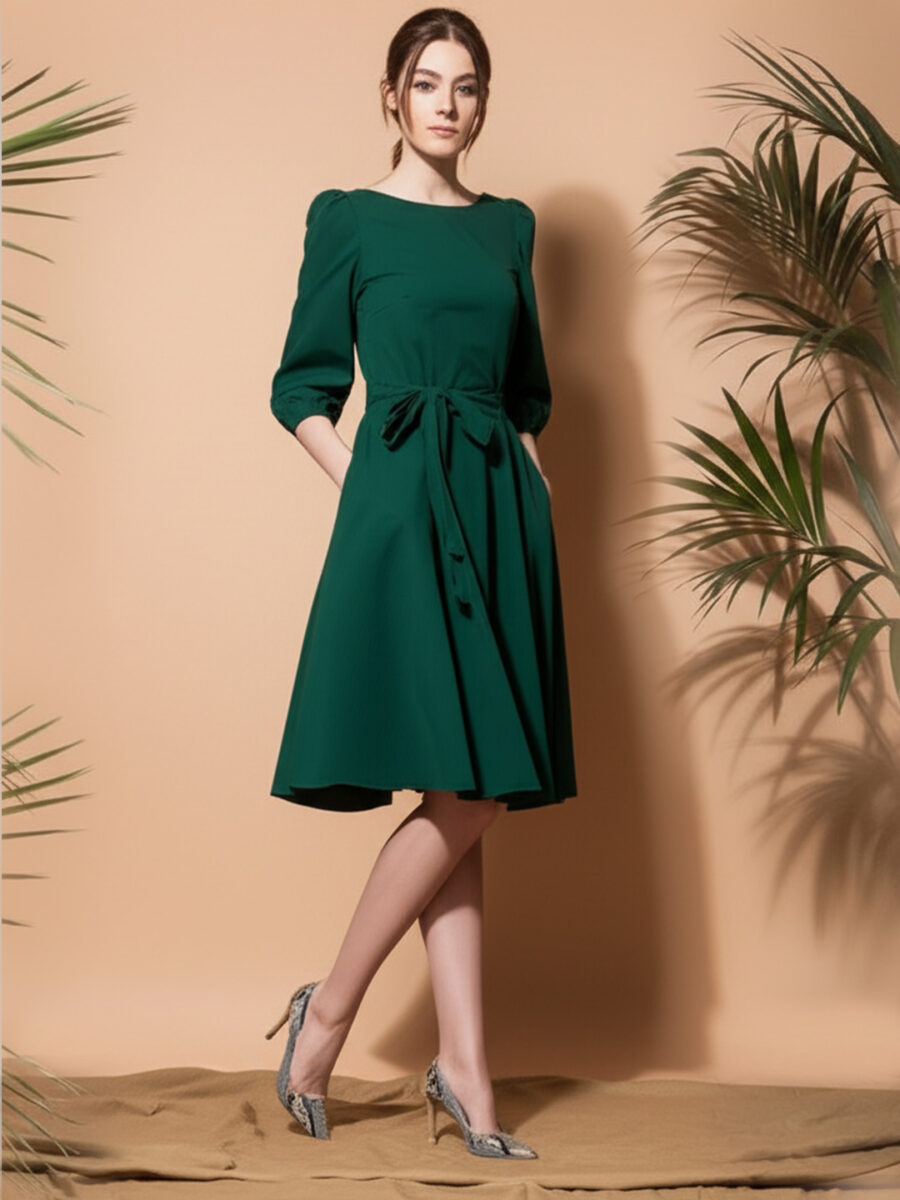 Fit and Flare Crepe Dress-Green - Image 4