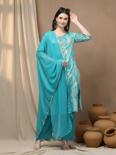 Aronita Sea Green Foil Printed Thread Work Suit Set
