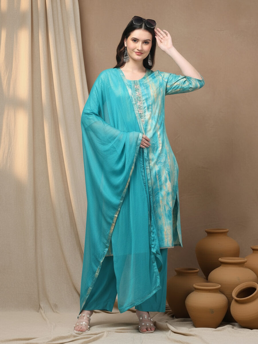 Aronita Sea Green Foil Printed Thread Work Suit Set
