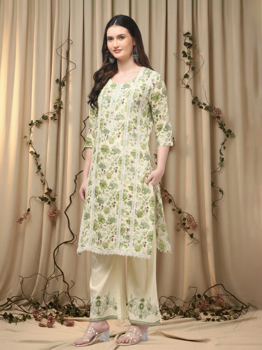Aronita Women Green Floral Printed Pure Cotton Suit Set - Image 2