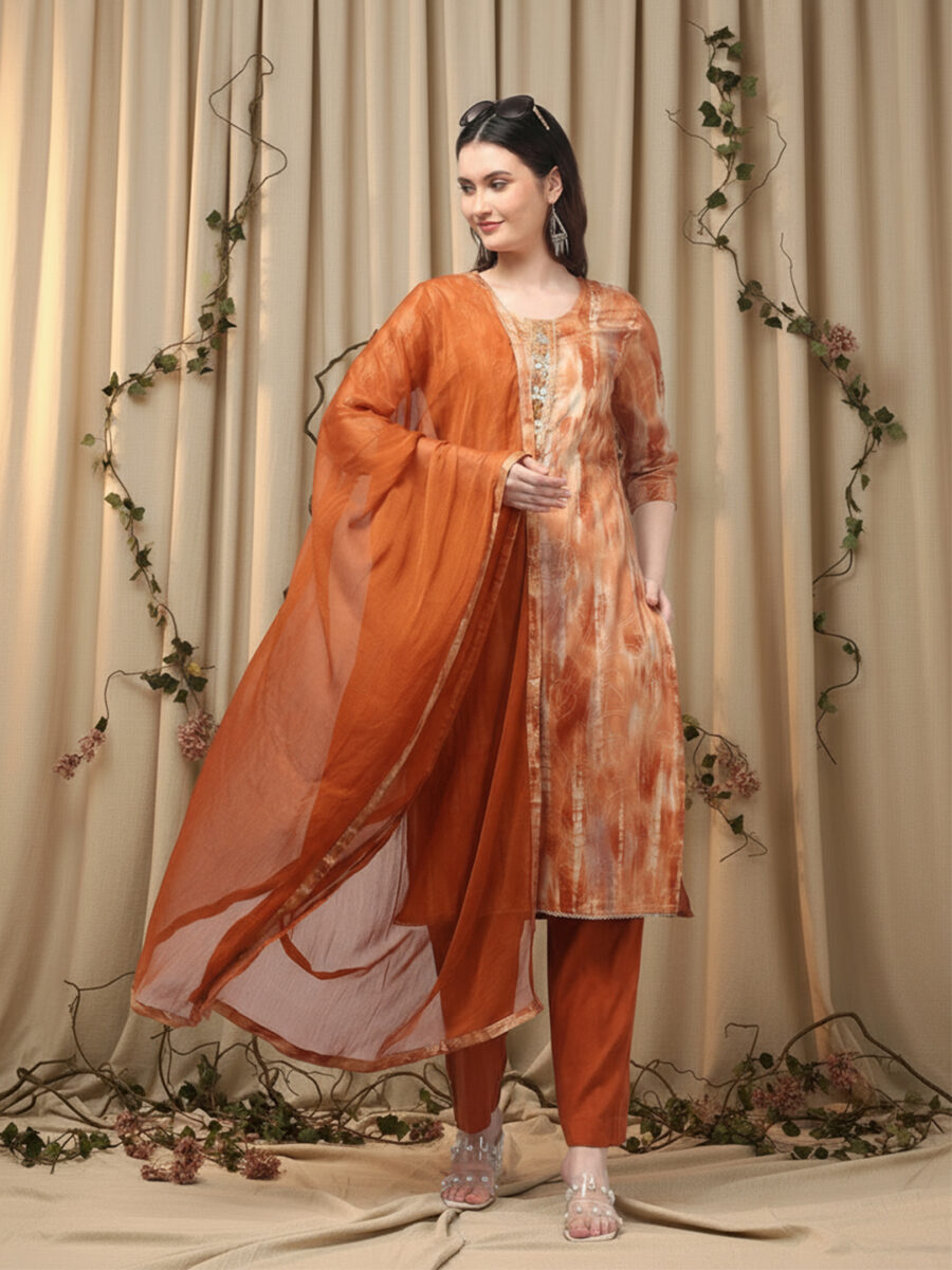Aronita Woman Rust Foil Print with Mirror work Suit Set