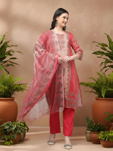 Aronita Ethnic Motif Printed Round Neck Pink Suit Set