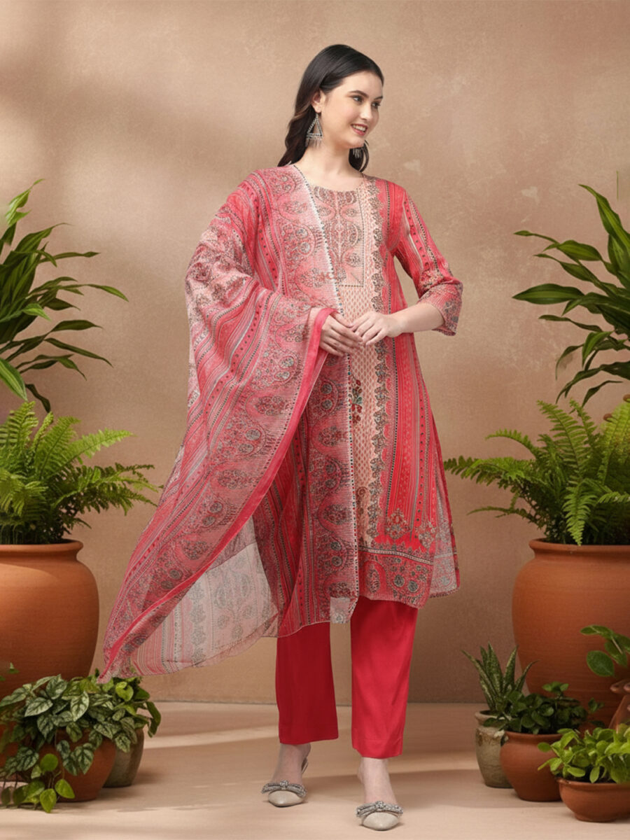 Aronita Ethnic Motif Printed Round Neck Pink Suit Set
