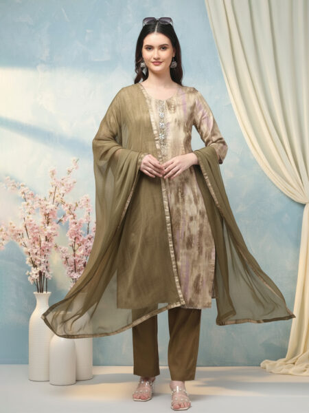 Aronita Olive Green Foil Printed Thread Work Suit Set