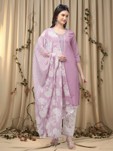 Aronita Purple Embroidered Mirror Work Pure Cotton Suit Set