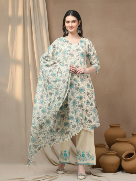 Aronita Women Sea Green Floral Printed Thread Work Pure Cotton Suit Set