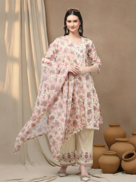 Aronita Pink Floral Printed Thread Work Pure Cotton Suit Set