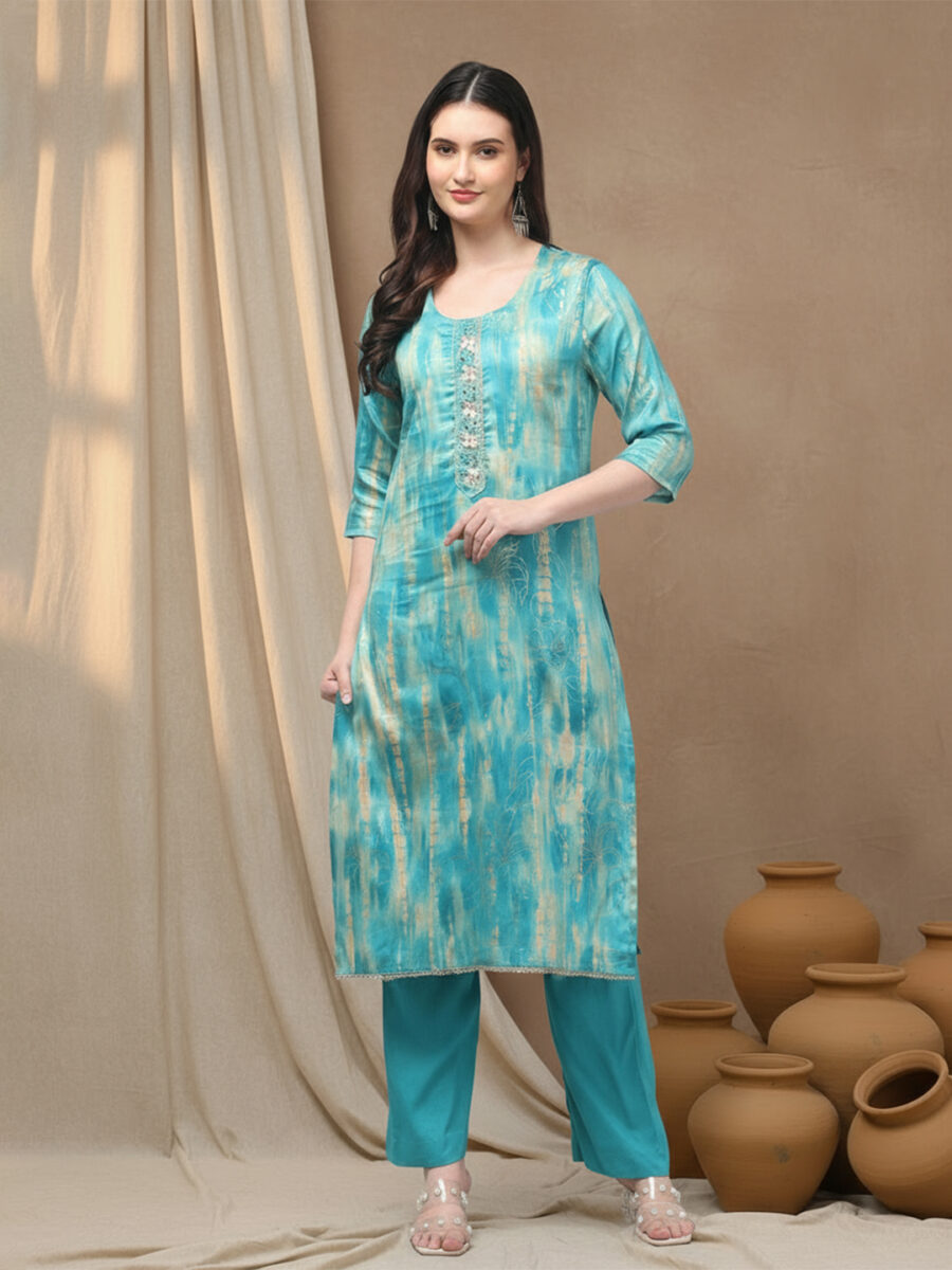 Aronita Sea Green Foil Printed Thread Work Suit Set - Image 2