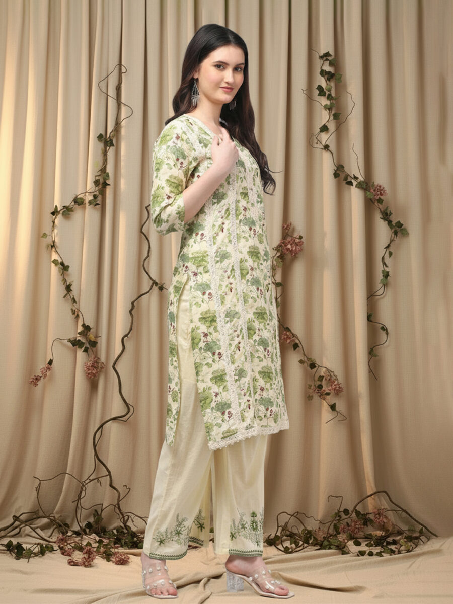 Aronita Women Green Floral Printed Pure Cotton Suit Set - Image 3