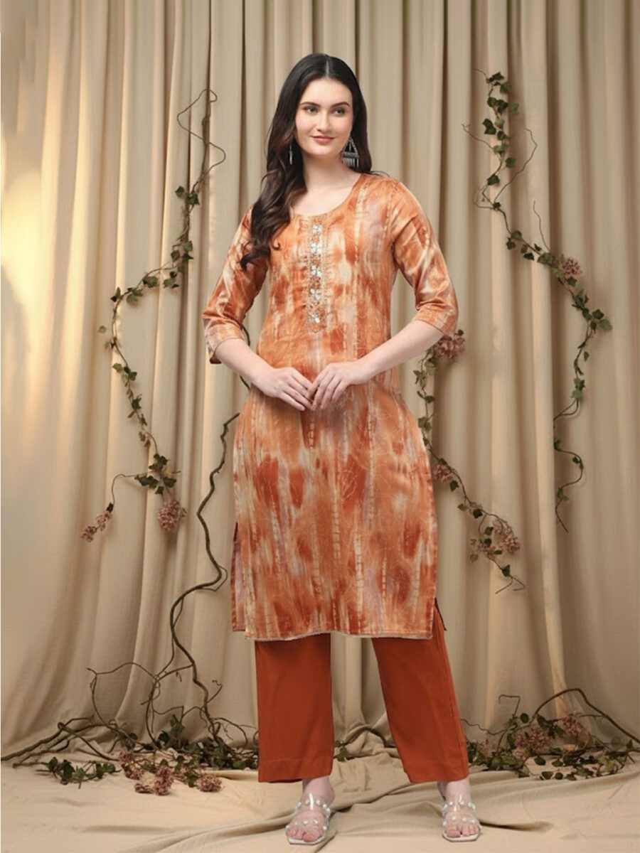 Aronita Woman Rust Foil Print with Mirror work Suit Set - Image 2