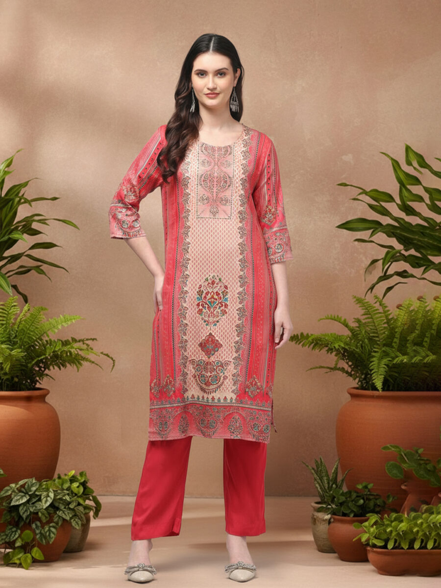 Aronita Ethnic Motif Printed Round Neck Pink Suit Set - Image 2