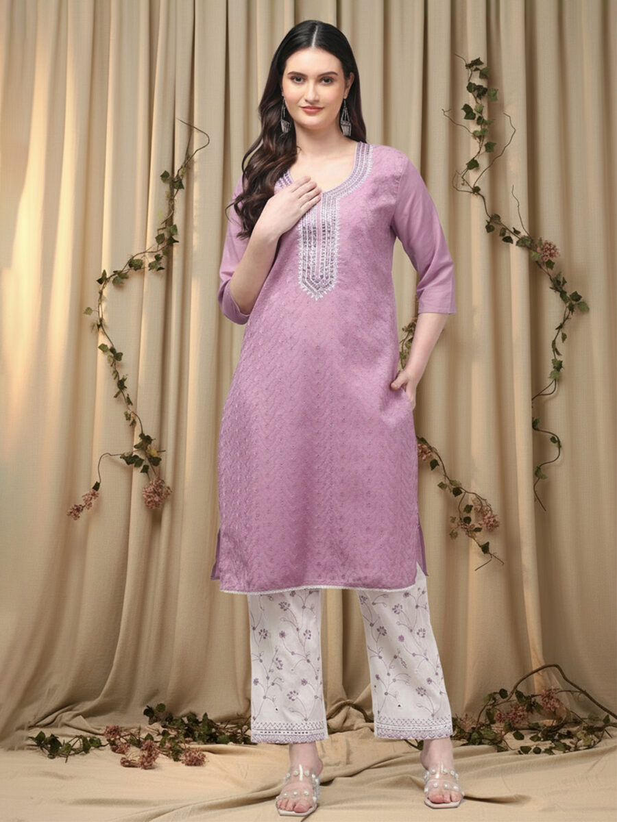Aronita Purple Embroidered Mirror Work Pure Cotton Suit Set - Image 2