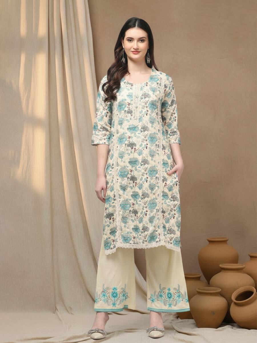 Aronita Women Sea Green Floral Printed Thread Work Pure Cotton Suit Set - Image 2