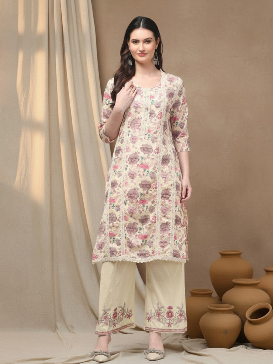 Aronita Pink Floral Printed Thread Work Pure Cotton Suit Set - Image 2