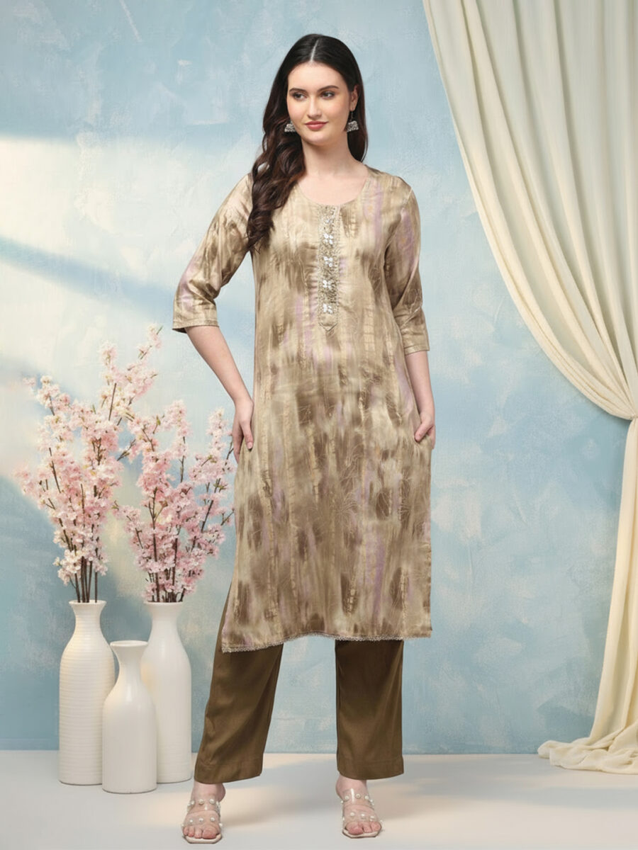 Aronita Olive Green Foil Printed Thread Work Suit Set - Image 2