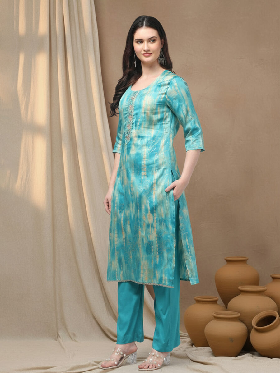 Aronita Sea Green Foil Printed Thread Work Suit Set - Image 3