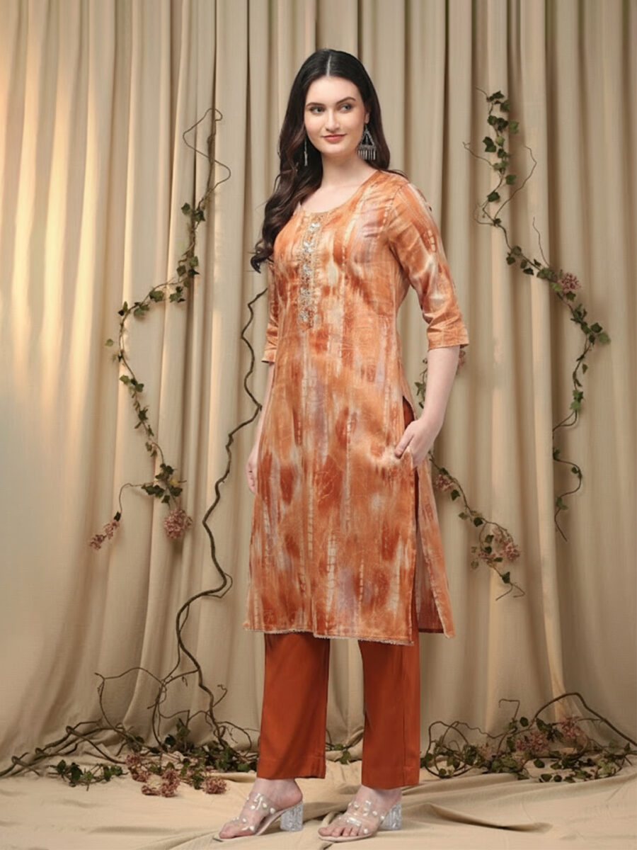 Aronita Woman Rust Foil Print with Mirror work Suit Set - Image 5