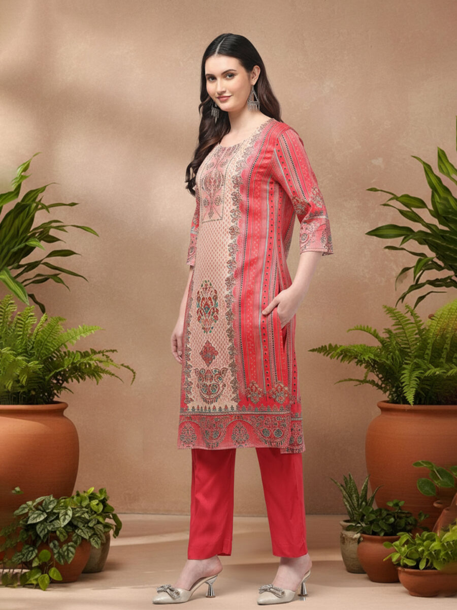 Aronita Ethnic Motif Printed Round Neck Pink Suit Set - Image 5
