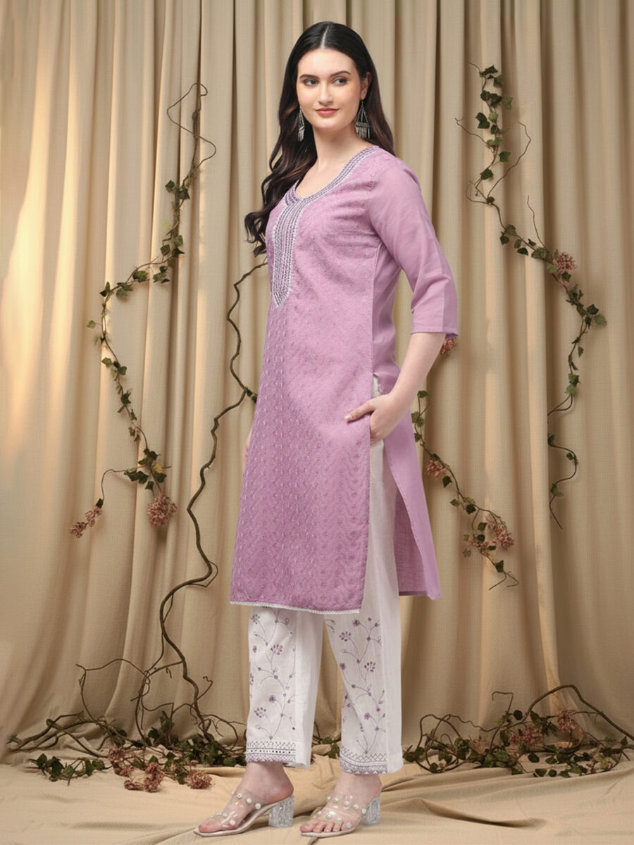 Aronita Purple Embroidered Mirror Work Pure Cotton Suit Set - Image 5