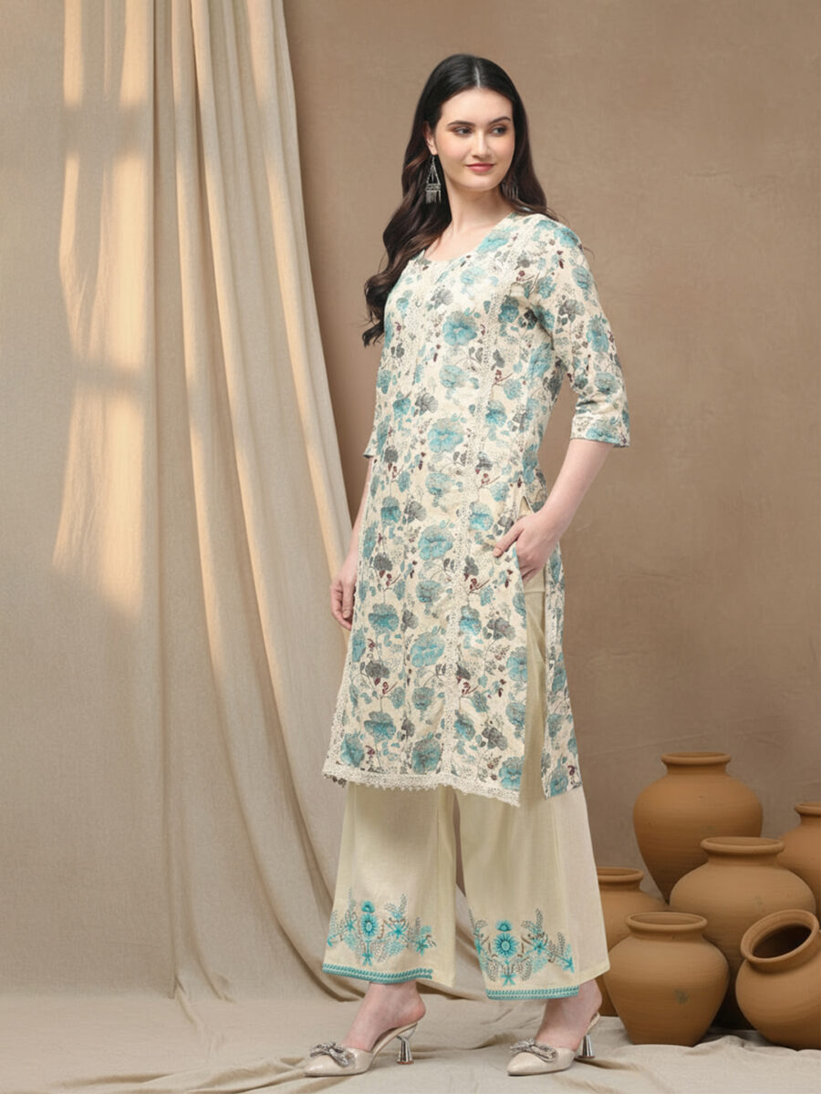 Aronita Women Sea Green Floral Printed Thread Work Pure Cotton Suit Set - Image 4