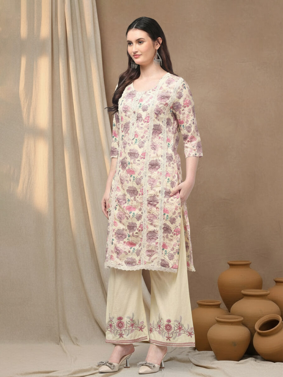 Aronita Pink Floral Printed Thread Work Pure Cotton Suit Set - Image 4