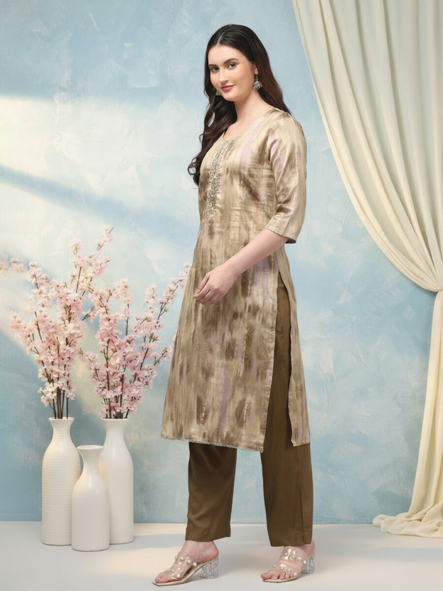 Aronita Olive Green Foil Printed Thread Work Suit Set - Image 3