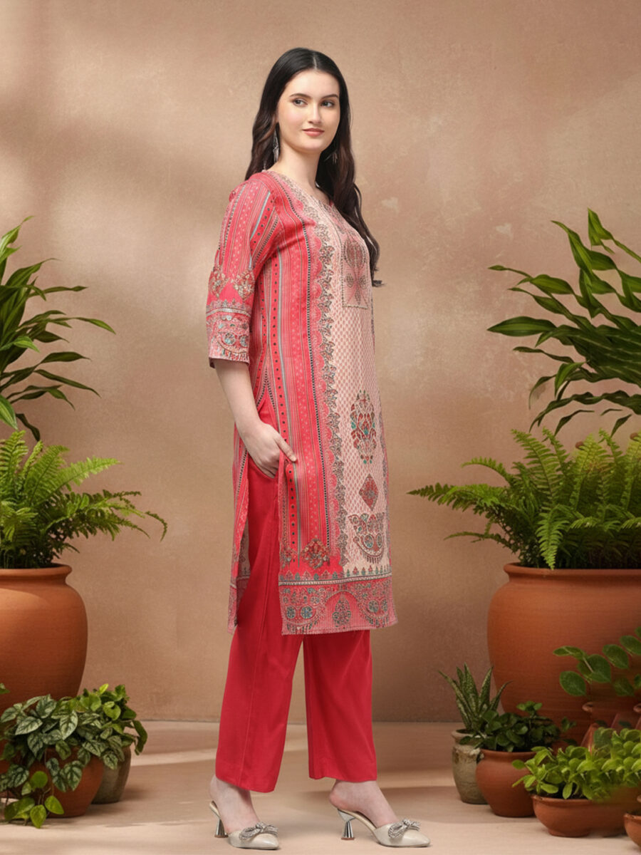 Aronita Ethnic Motif Printed Round Neck Pink Suit Set - Image 4