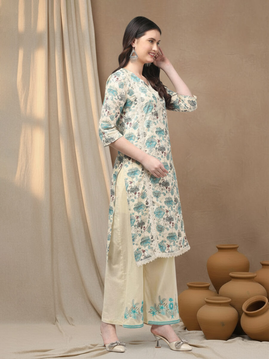 Aronita Women Sea Green Floral Printed Thread Work Pure Cotton Suit Set - Image 3
