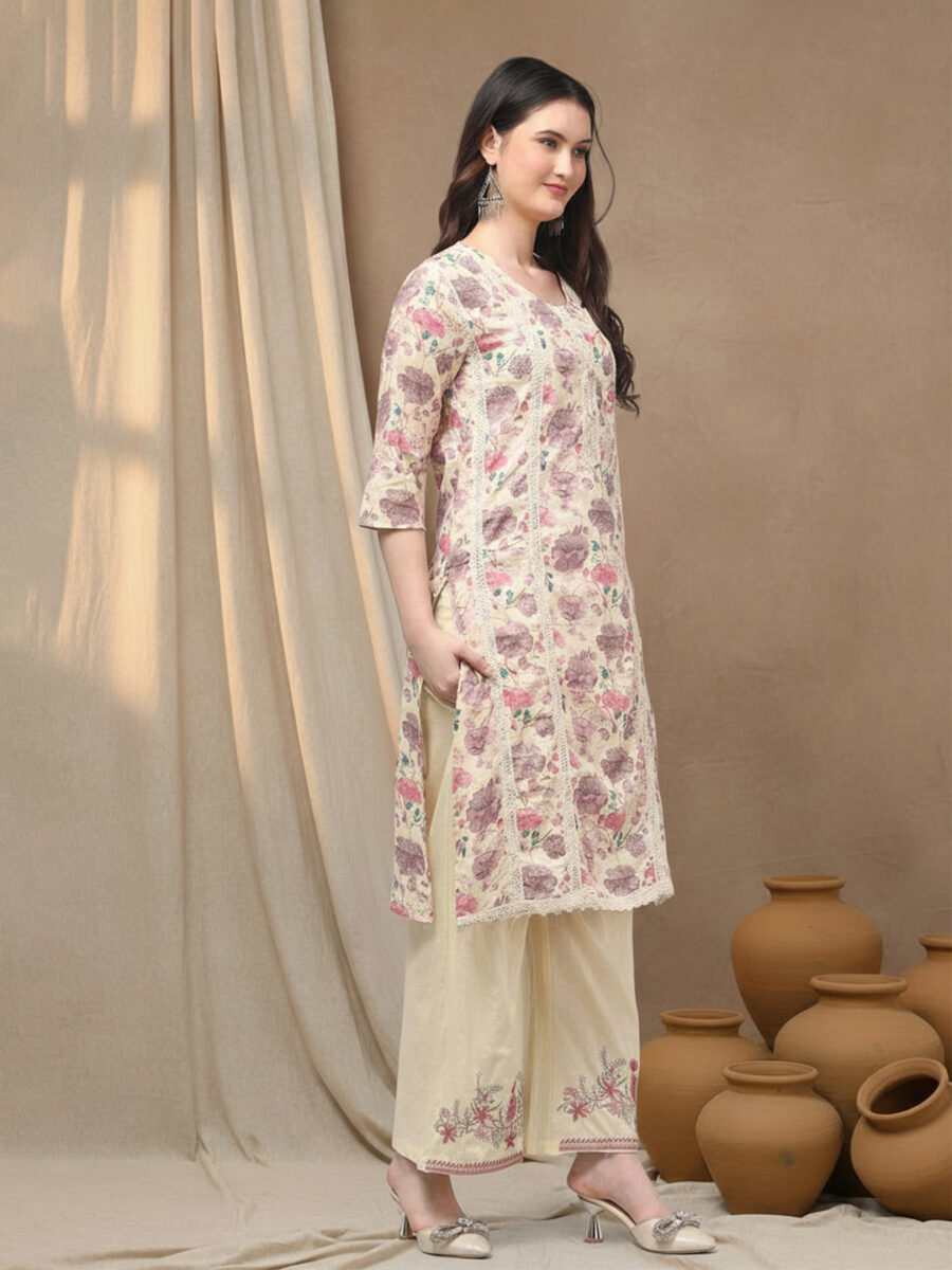Aronita Pink Floral Printed Thread Work Pure Cotton Suit Set - Image 3