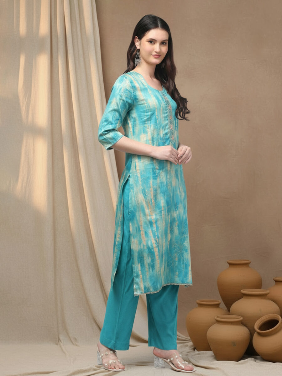 Aronita Sea Green Foil Printed Thread Work Suit Set - Image 4