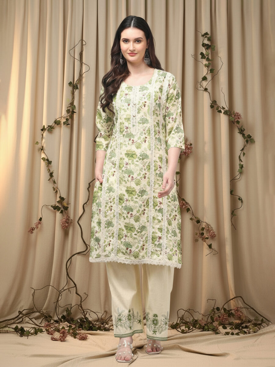 Aronita Women Green Floral Printed Pure Cotton Suit Set - Image 4