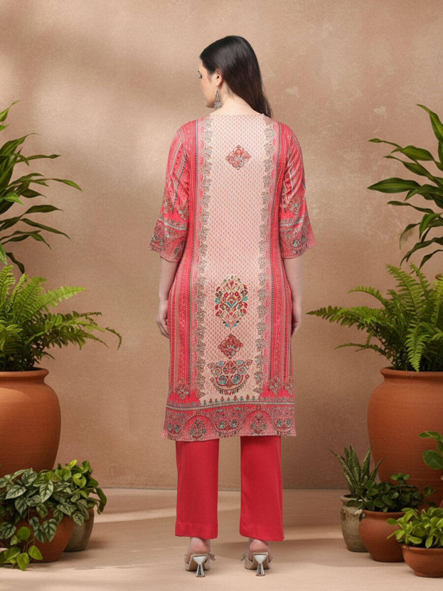 Aronita Ethnic Motif Printed Round Neck Pink Suit Set - Image 3